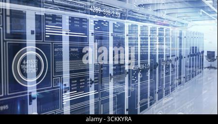 Displaying server racks showing cables lining center hall, floating AR overlays and rolling chair Stock Photo
