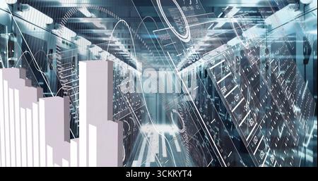 Displaying server racks streaming digital line graphs in data center corridor, with LED indicators Stock Photo