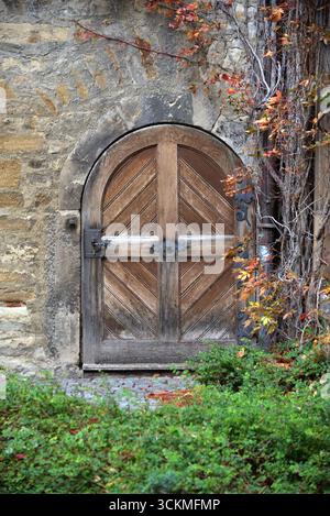 An old, medieval arched wooden door in a rustic sandstone wall, framed by autumnal vines Stock Photo