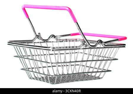A steel wire shopping basket on white background, isolated. Stock Photo