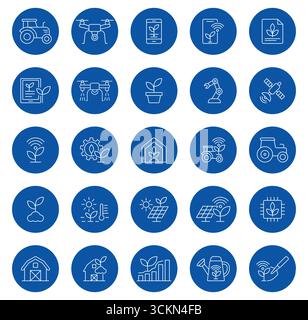 A collection of agricultural technology icons showcasing innovations in farming, from drones to smart sensors. Ideal for promoting sustainable practic Stock Vector