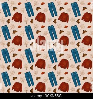 Seamless pattern with autumn sweatshirt, jeans, hat and leaves. Cartoon vector background Stock Vector