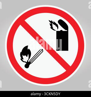 A cautionary sign illustrating a prohibition against open flames, featuring a match and lighter symbol enclosed in a red circle. Essential for safety Stock Vector