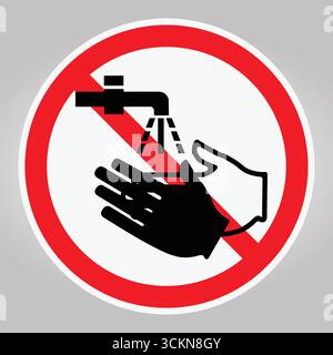 This graphic features a no hand washing sign with a faucet and hand icon in red circle, emphasizing hygiene and safety protocols for public spaces. Stock Vector