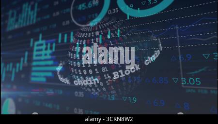 Spinning 3D blockchain sphere on screen, with binary digits, Block chain text, charts and graphs Stock Photo