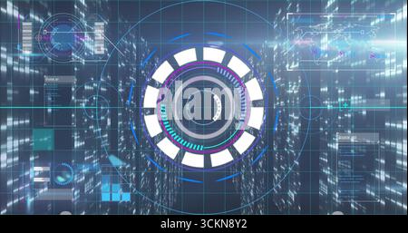 Projecting circular interface with segmented rings and progress arcs in virtual hub with gridlines Stock Photo