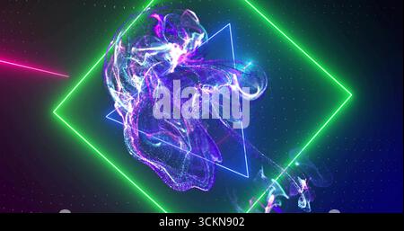 Swirling purple cloud in space, green diamond, blue triangle frame, magenta beams on dot grid Stock Photo