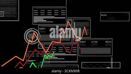 Fluctuating neon line graphs across dark digital dashboard, with panels, tables, text blocks, gauge Stock Photo