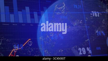 Displaying blue globe floating over data dashboard, with nodes, bar and line charts, percentages Stock Photo