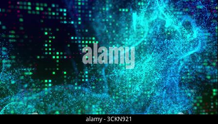 Streaming digital particles swirling across virtual space, with glowing grid and light streaks Stock Photo