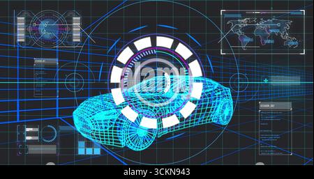 Displaying blue wireframe car model in digital workspace, with progress indicator and map overlay Stock Photo