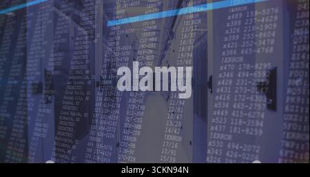 Displaying server racks revealing network switches, blinking LEDs in IT corridor with error overlay Stock Photo