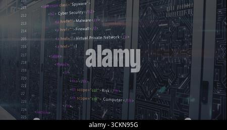 Displaying server cabinets with blinking LED lights in data center, showing cybersecurity HTML code Stock Photo