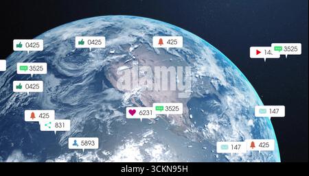 Displaying Earth from orbit, highlighting social media notification icons for global connectivity Stock Photo