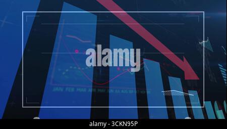 Displaying downward-trending bar chart on dashboard, with blue monthly bars, red arrow, white frame Stock Photo