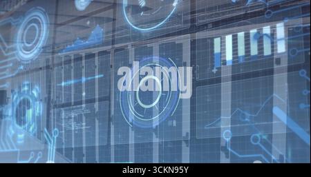 Displaying holographic interface scanning data center corridor, with circular scanner, chart panel Stock Photo