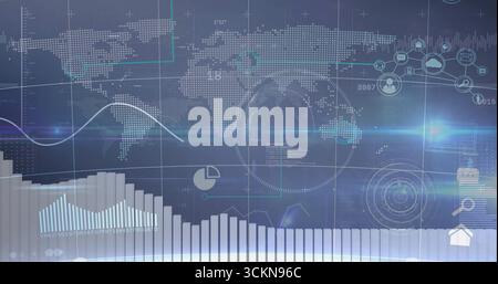 Displaying dashboard onscreen with code overlay, dotted world map, charts, house and search icons Stock Photo
