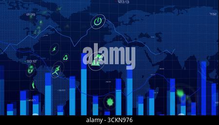 Displaying data dashboard showing world map grid, bar and line charts, green energy icons, labels Stock Photo