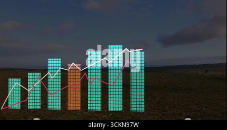 Displaying data chart overlay tracing trends over scrubland plain, with bar charts and line graphs Stock Photo