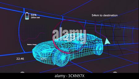 Displaying neon-blue wireframe car cruising in 3D grid tunnel, with HUD speedometer battery icon Stock Photo