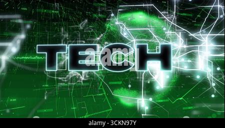 Displaying bold TECH text glowing with network lines and circular nodes in grid, with numeric codes Stock Photo