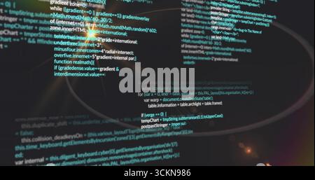 Displaying monitor showing JavaScript code at coder desk, with coffee ring stain and bokeh lighting Stock Photo