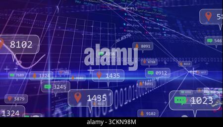 Displaying callouts and 3D graphs in data grid, with numeric bubbles binary code icons and markers Stock Photo