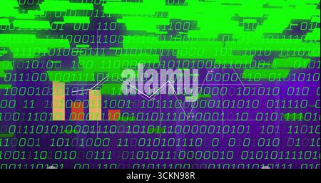 Displaying line graph and colored bar chart in abstract dashboard, with green binary code overlay Stock Photo