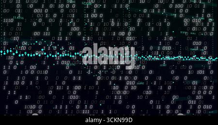 Displaying binary code pattern and teal data points in data interface, with numeric overlays Stock Photo
