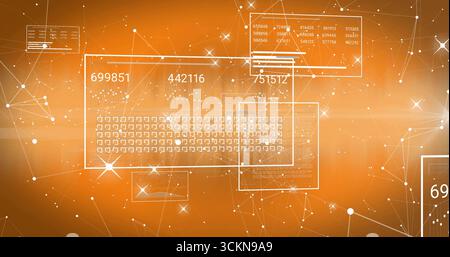 Showing translucent UI panel presenting numeric data grid in digital space, with glowing node mesh Stock Photo