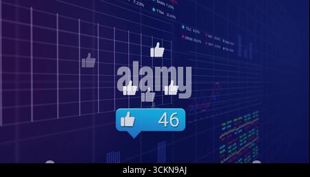 Floating thumbs-up icons with blue like bubble showing 46 moving over data grid, colored charts Stock Photo