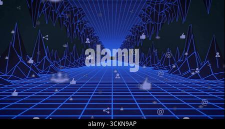 Displaying neon-blue wireframe tunnel converging at data space, with floating social media icons Stock Photo