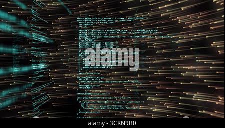 Displaying central code panel projecting colorful data flow in virtual tunnel, with light streaks Stock Photo
