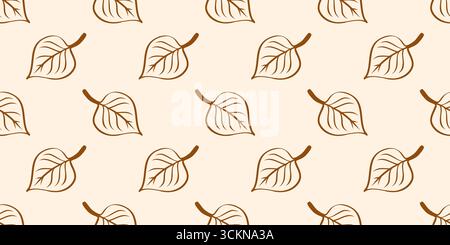 Seamless pattern with linden leaves in outline linear style. Fall time print. Thin line foliage background. Stock Vector