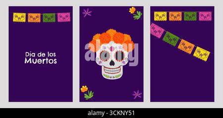 Day of the Dead Mexico poster set. National holiday September 16, Cinco de Mayo. Dia De Los Muertos. Colorful Mexican flowers. Fiesta poster party flyer greeting card. Vector illustration Stock Vector