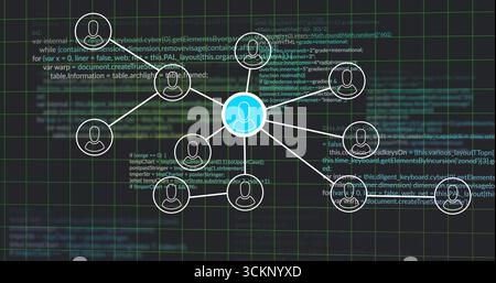 Radiating blue user icon connecting icons on data interface, with green grid overlay and code text Stock Photo
