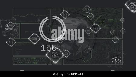 Displaying circular gauge reading 155 on network operations dashboard, with floating 5G icons Stock Photo