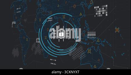 Displaying central security lock symbol over virtual world map, with hex grid and data markers Stock Photo