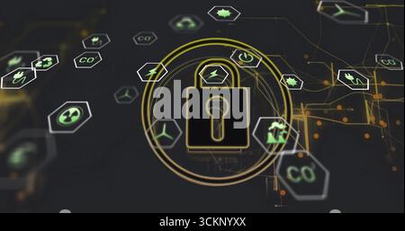 Central padlock icon glowing in virtual network interface, with floating hexagonal energy symbols Stock Photo