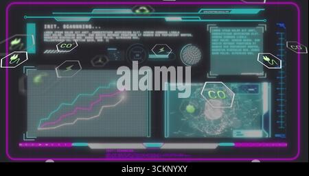 Displaying holographic dashboard showing pseudo-code and graph panels on dark grid with hex icons Stock Photo