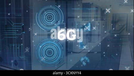Displaying translucent blue HUD circles hovering over data center with circuit traces and 6G text Stock Photo