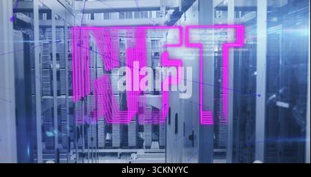 Neon-pink holographic NFT letters floating in server room, with racks, network cables, LEDs Stock Photo