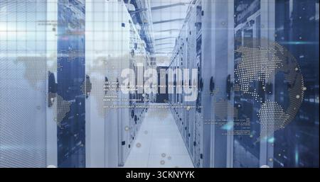 Showing central aisle running through high-tech data center, with server racks and digital overlays Stock Photo