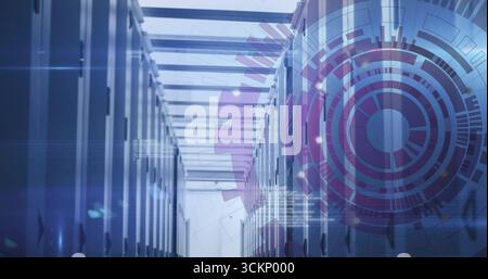Displaying server aisle with LEDs and cable trays in data center corridor, with interface overlay Stock Photo