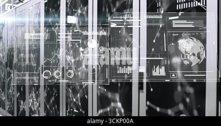 Glowing server racks displaying holographic data overlays in data center, with LED status lights Stock Photo