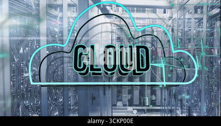 Projecting neon cloud graphic showing CLOUD in data center, with server racks and circuit overlay Stock Photo