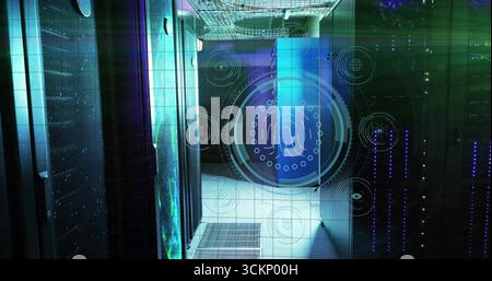 Displaying holographic fingerprint interface securing data corridor with server racks, cable trays Stock Photo