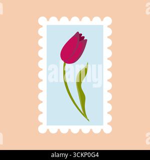Postage stamp with the image of a red tulip. Vector illustration isolated on a beige background. Stock Vector