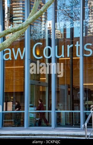 The front windows and logo of the Supreme Court of New South Wales in central Sydney, Australia including the national Coat of Arms Stock Photo
