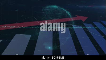 Rising red arrow pointing upward in 3D data environment, with holographic globe and blue bars Stock Photo